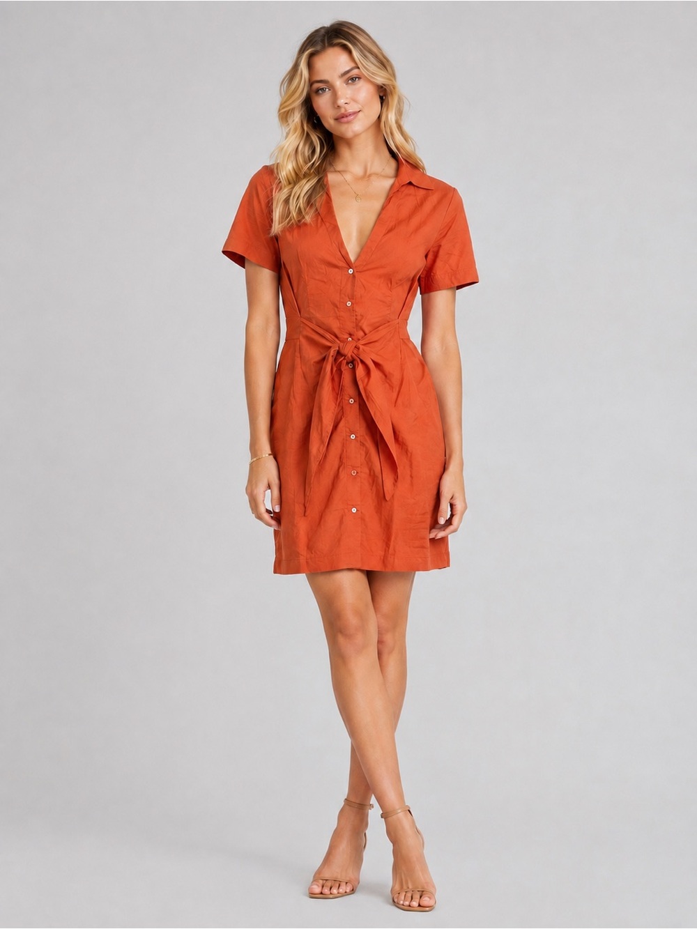 Mango MNG Orange Poplin Tie Front Short Sleeve Shirt Dress Size 2